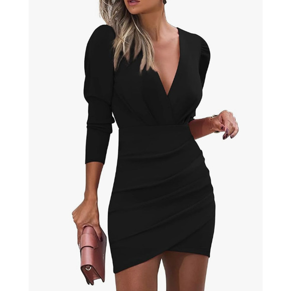 Sarin Mathews Dresses & Skirts - Sarin Mathews Deep V Neck Ruched Bodycon Long Sleeve Mini Dress Black NWT Size M